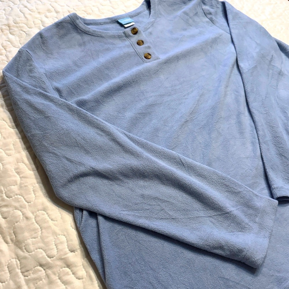 Womens M Henley Top Blue Fleece Long Sleeve Button SLEEP GORPCORE LOUNGE RELAXED